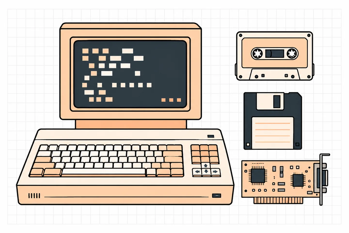 Peach-and-black illustration of a generic retro computer with pixel blocks on its screen, beside a cassette, floppy disk and expansion circuit board on a white grid.