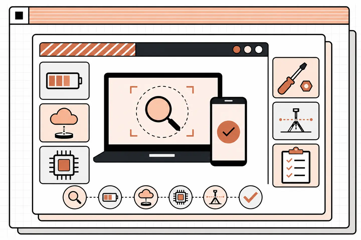 Peach, black, and white retro editorial illustration of a generic laptop and phone surrounded by battery, backup, diagnostics, repair, and checklist symbols.