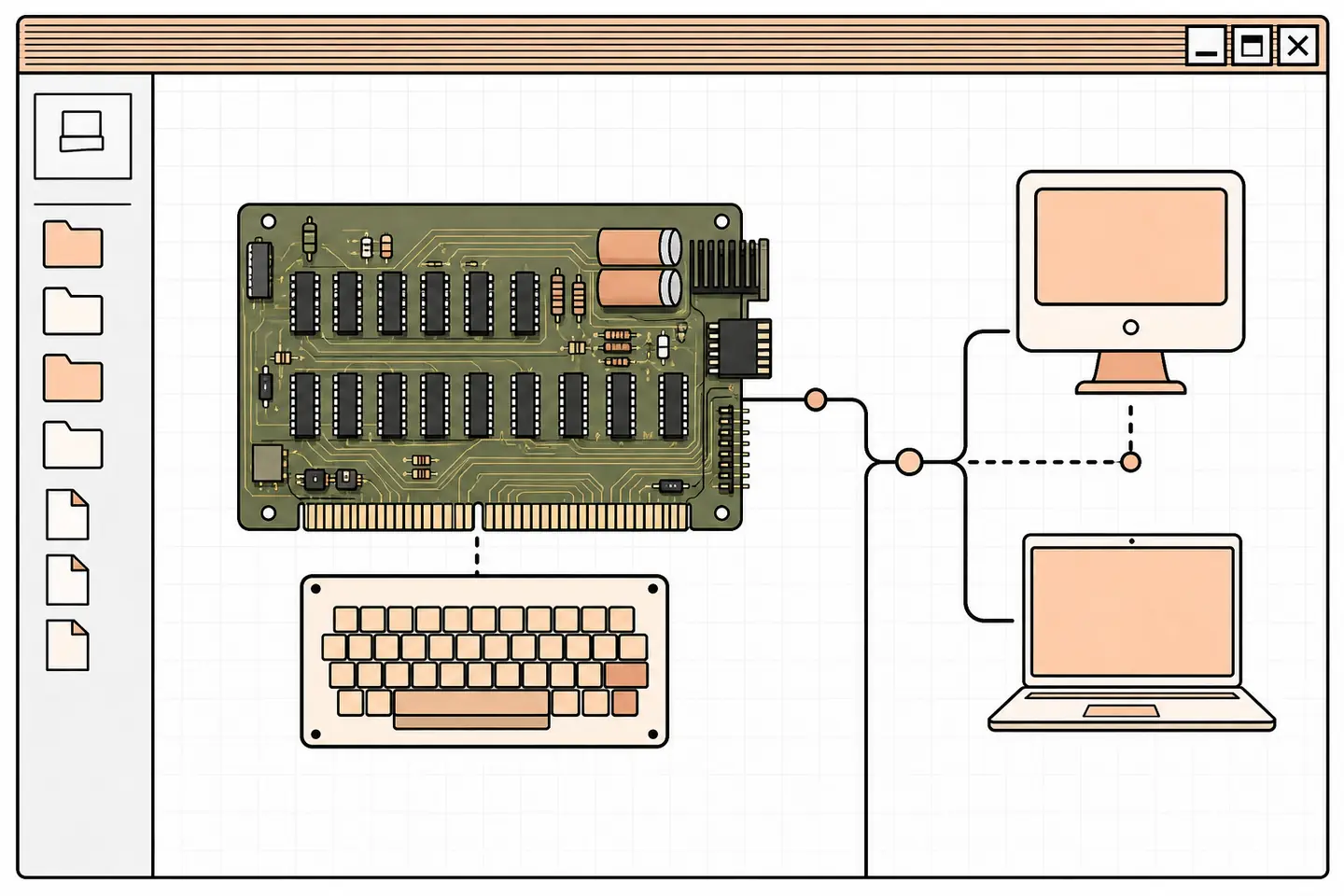 Retro editorial illustration of an exposed early computer circuit board and keyboard branching toward modern desktop and laptop forms inside a peach-and-black file window.