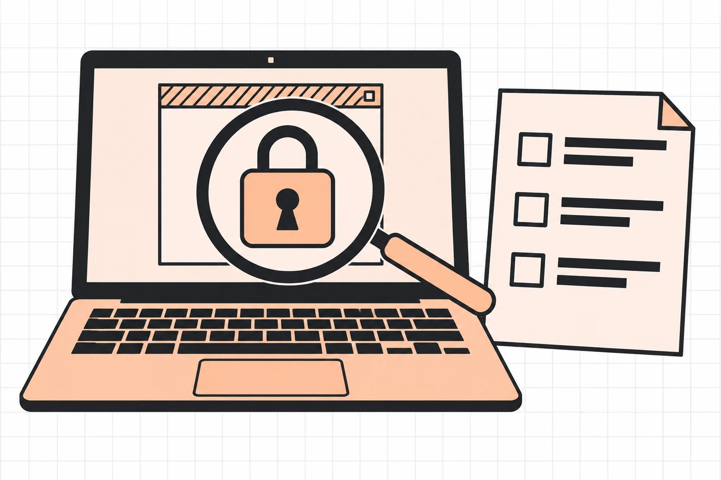 Peach and black illustration of a magnifying glass examining a padlock on an unbranded laptop, beside a three-item handover checklist.