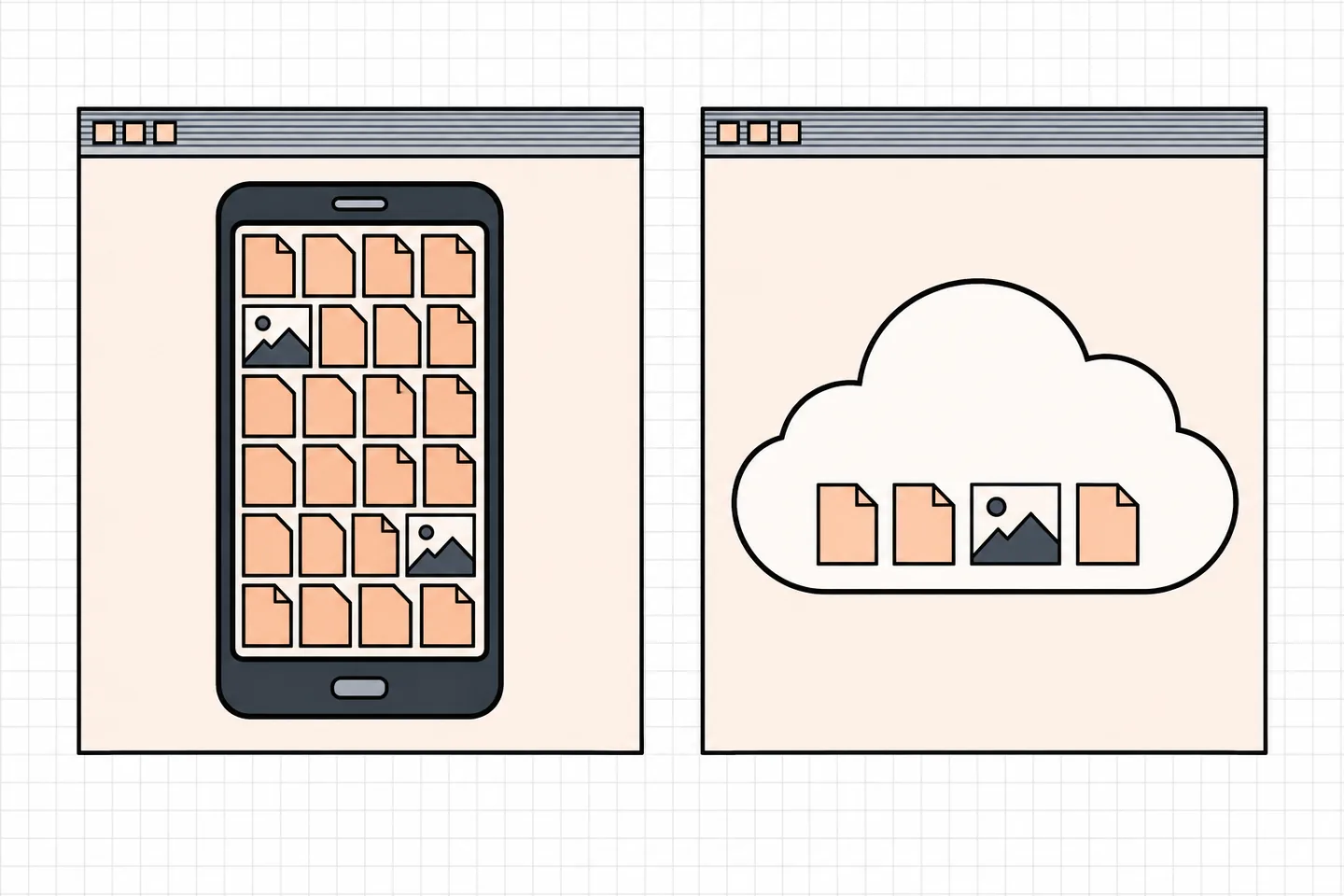 Peach-and-black retro illustration of a phone packed with files beside a separate cloud with mostly empty space, framed in striped desktop windows.